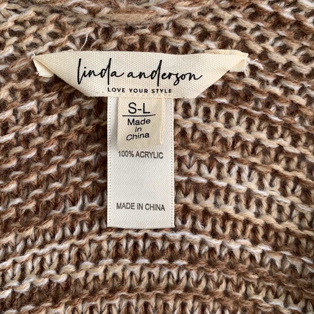 LINDA ANDERSON Women’s Tan/Ivory Fringe Sweater Knit Kimono‎ Oversized S-L - Picture 5 of 15